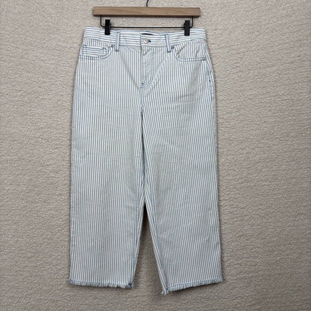Talbots Jeans Womens 10 Petite Blue White Stripe Wide Leg Crop Jean Fray Hem